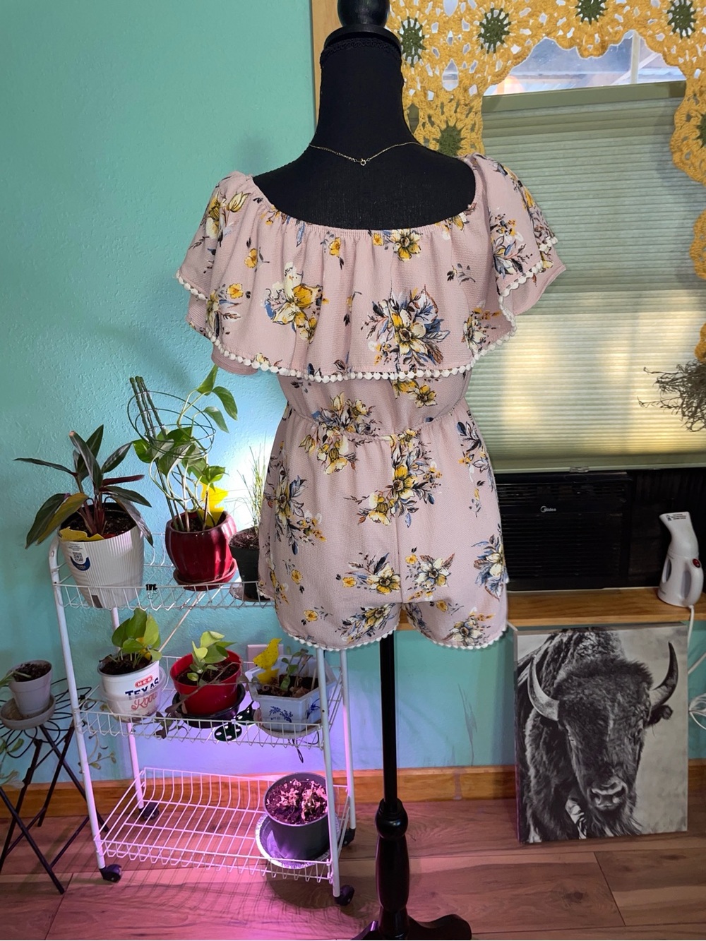 Pink Floral Off-Shoulder Romper with Ruffle - Picture 3 of 3